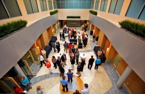 More than 200 people gathered for the dedication of the Herman and Heddy Kurz Purdue Technology Center in the Purdue Research Park. The 105,000-square-foot facility will house the Purdue Research Foundation offices, provide space for up to 26 companies and support up to 275 jobs. (Purdue University photo/Andrew Hancock)