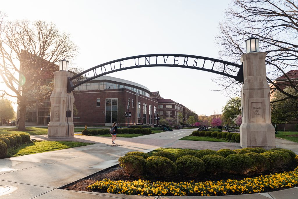 Entrance gate on the Purdue University West Lafayette campus in spring